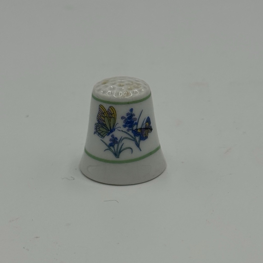 Ceramic Collectible Thimble Blue Flowers And Butterflies